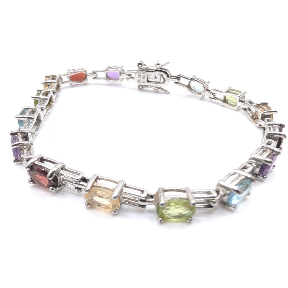 Sterling Silver 925 Multi Gemstone Tennis Bracelet 6.5" Amethyst Topaz